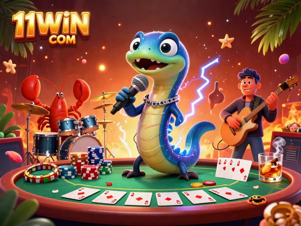 Experience the excitement with 11WIN COM’s vibrant underwater casino stage illustration featuring unique characters and dynamic elements.