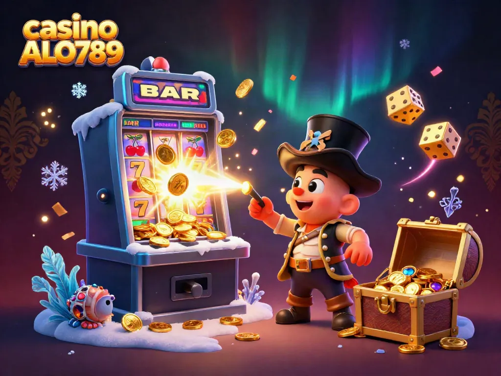Experience the excitement of casino ALO789 with a vivid 3D illustration featuring prize-winning characters and gambling elements.