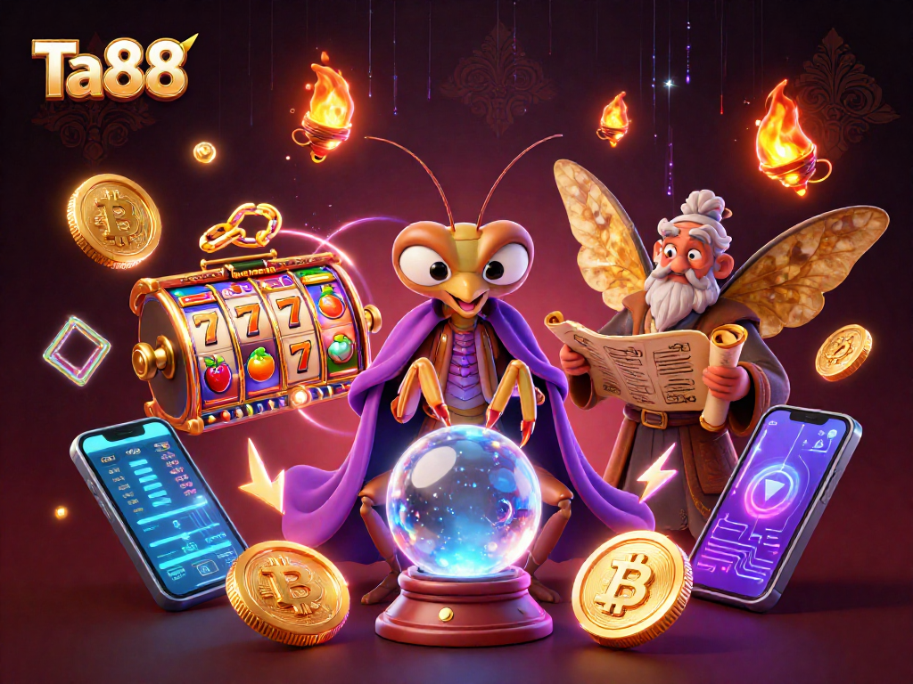 Engage with Ta88's thrilling casino experience featuring vibrant slot reels and crypto elements.