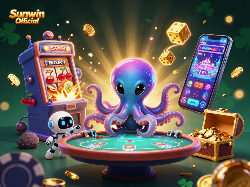 Engage with Sunwin Official as alien octopus plays holographic poker with dynamic gaming elements.