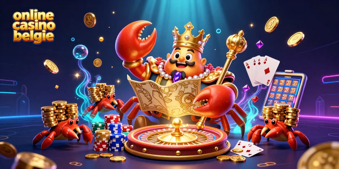 Explore online casino belgie with dynamic 3D illustration of a golden crab emperor and vibrant casino elements.
