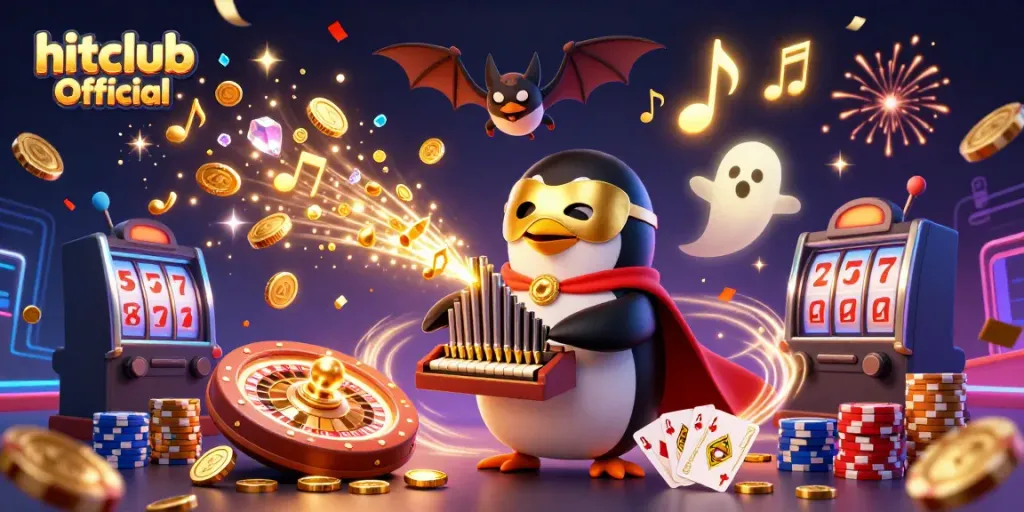 Experience the excitement of gaming at hitclub Official with a dynamic 3D casino scene featuring a musical penguin and gold coins.