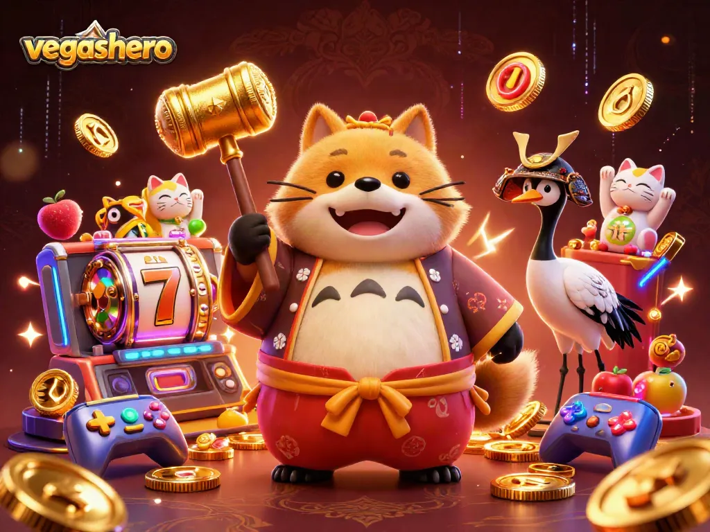 Spin lucky jackpots at VegasHero Casino with whimsical raccoon and fortune cats in a vibrant gaming scene.