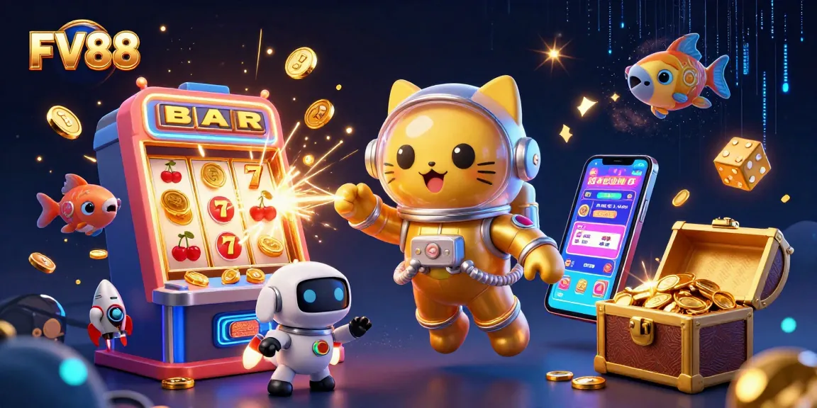 Spin wins at FV88 with a vibrant casino scene celebrating games and jackpots.