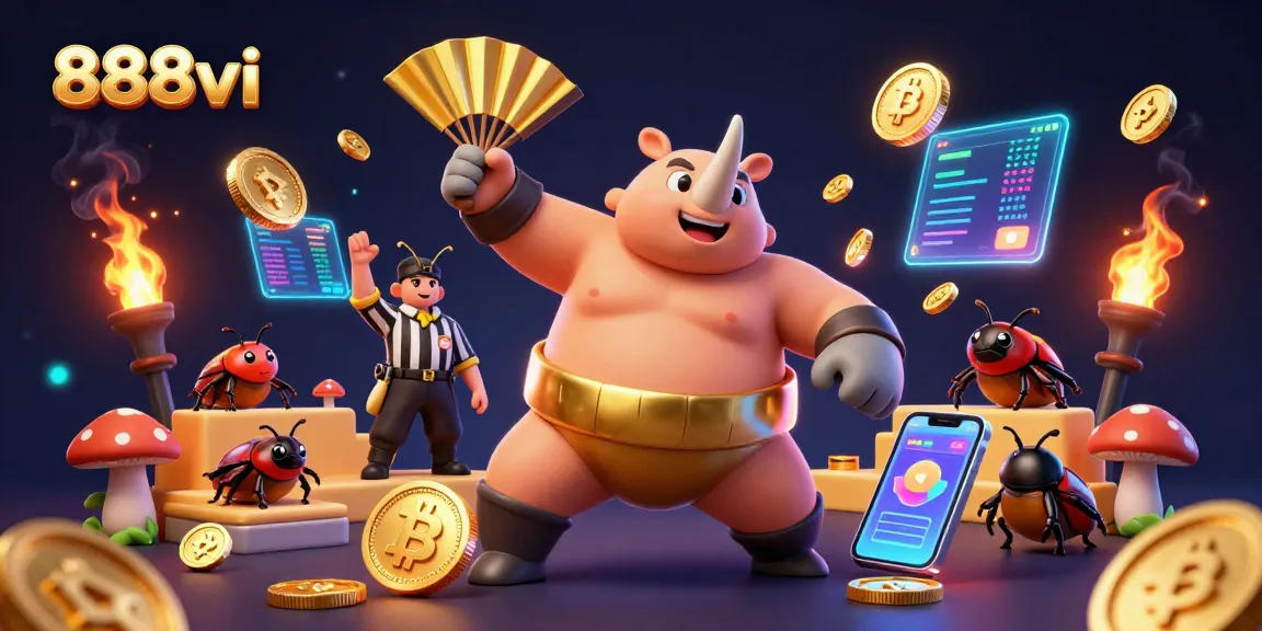 Experience the excitement of 888vi as the beetle champion stomps for golden coins in a vibrant casino scene.