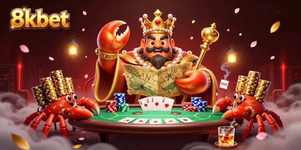 Experience the vibrant world of 8xbet with a golden crab emperor and poker elements in a thrilling casino scene.