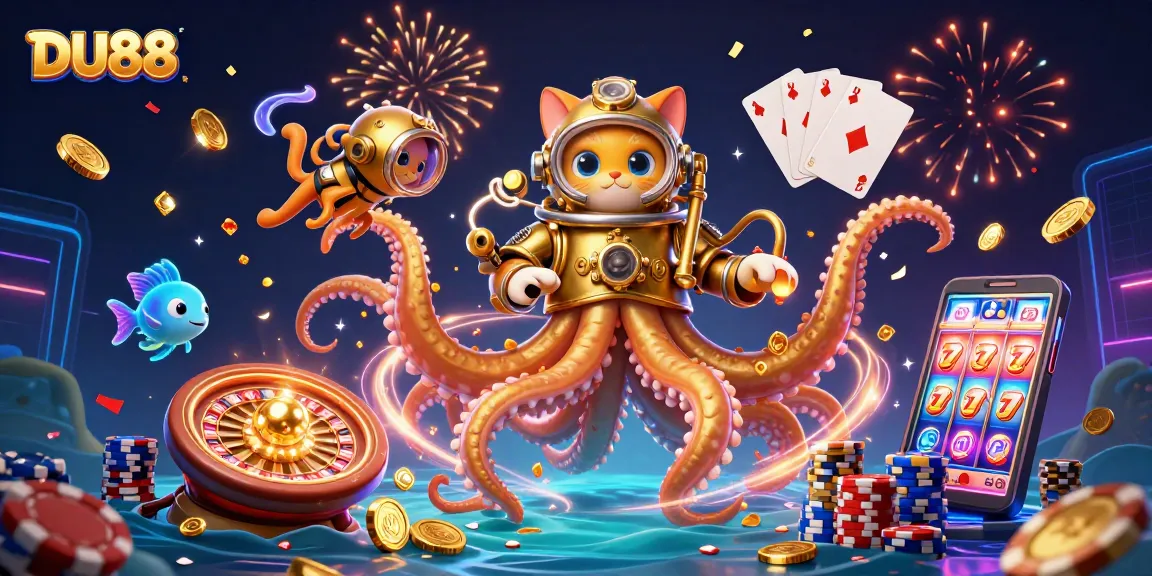 Play DU88 and witness a colossal kraken with golden tentacles in a vibrant casino illustration.