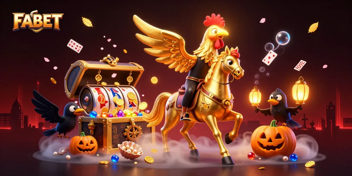 FABET's vibrant golden rooster character conquers the casino under a midnight sky.