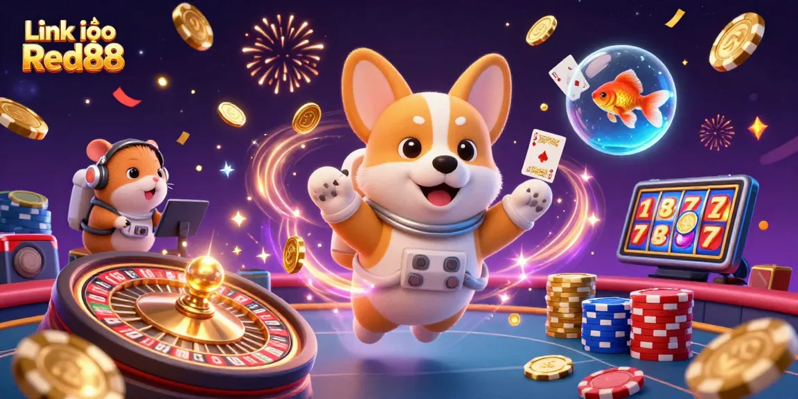 Experience gaming fun with Link vào Red88, showcasing an astronaut corgi and exciting casino elements.