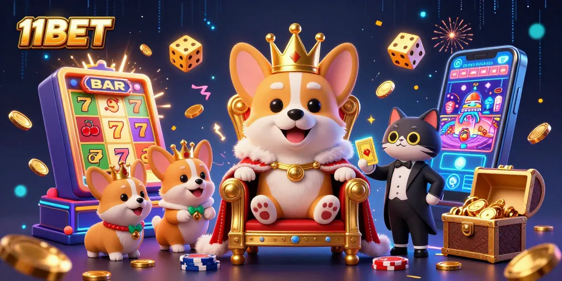 Engage with 11BET as the royal corgi king celebrates with casino excitement in a vibrant 3D illustration.