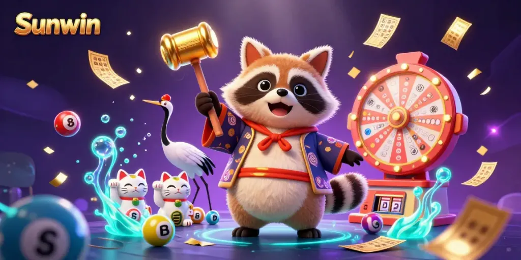 Experience the excitement of Sunwin with cheerful tanuki and fortune cats amidst vibrant gambling elements.