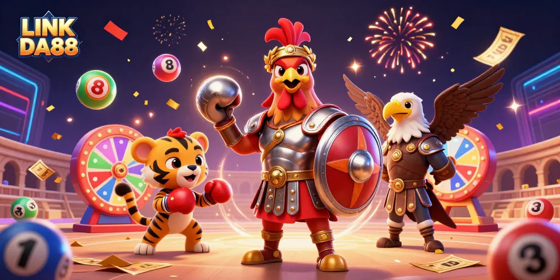 Get ready to win with LINK DA88—an energetic scene featuring a gladiator rooster with casino elements.