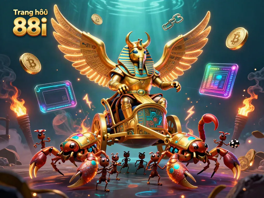 Engage with Trang chủ 88i showcasing a vibrant 3D golden beetle chariot surrounded by casino elements.