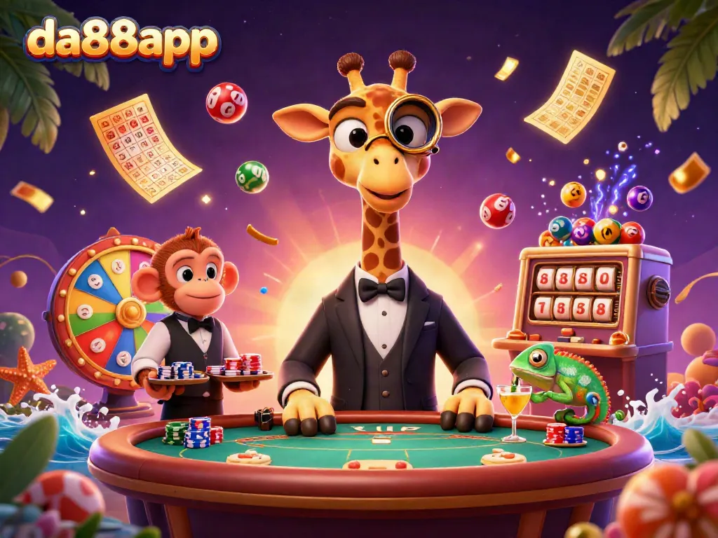 Experience excitement with da88app at a dynamic casino scene featuring vibrant illustrations of a giraffe and friends.