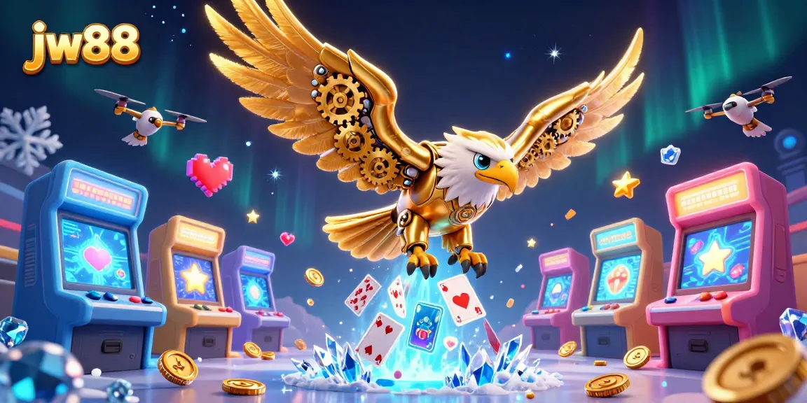Experience jw88’s dynamic gaming atmosphere with cybernetic eagle diving through holographic cards.