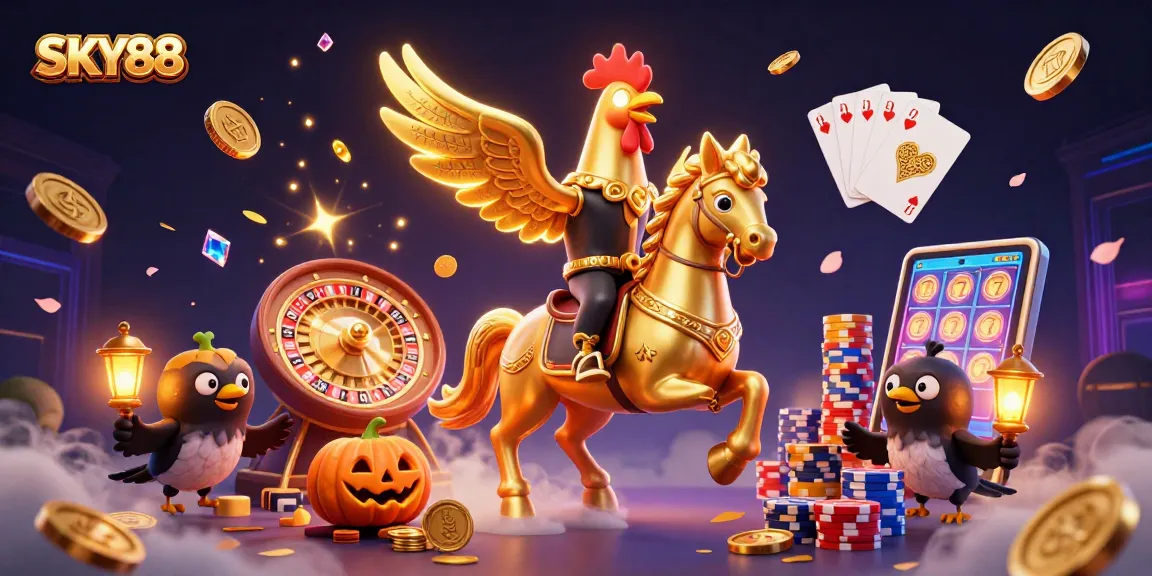 Engage with exciting games at SKY88, featuring a golden rooster in a lively casino scene.