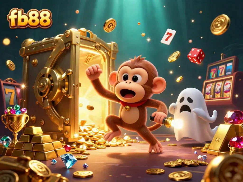 Exciting fb88 casino scene featuring a playful monkey and a curious puppy amidst golden treasures and slot reels.