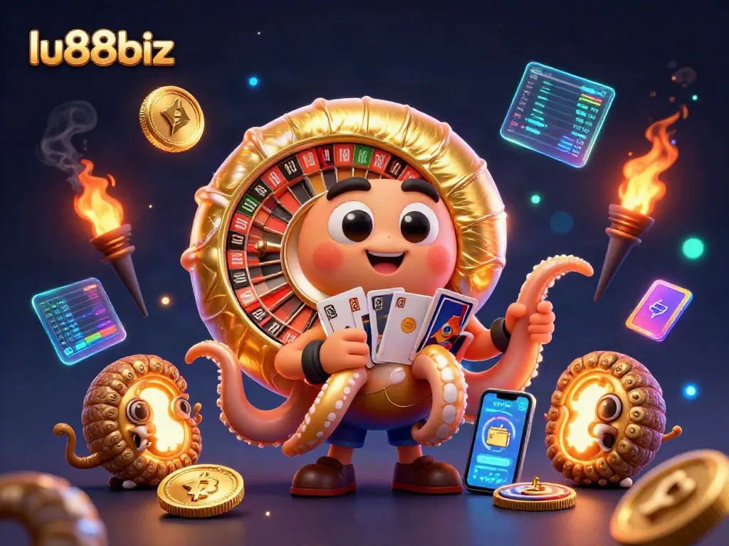 Engage in thrilling action at lu88biz with a vibrant casino scene showcasing unique characters and crypto elements.