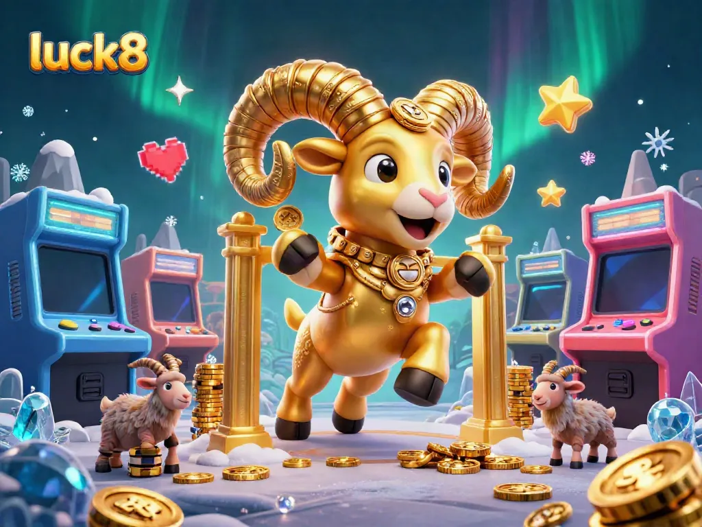Experience luck8's thrilling atmosphere with a charging golden ram and vibrant game elements.