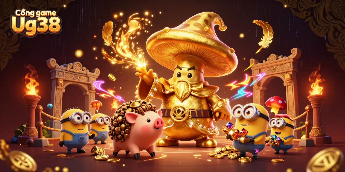 Experience the captivating magic of Cổng game Ug38 with golden treasures and vibrant gaming elements.