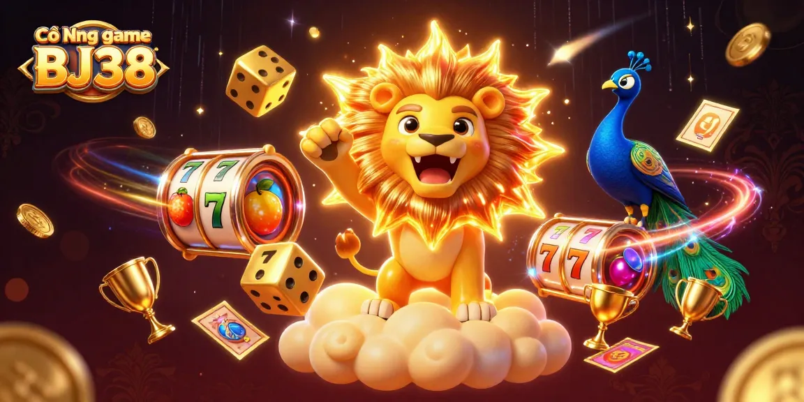 Engage with Cổng game BJ38 featuring vibrant slot elements and a dynamic 3D scene of excitement.
