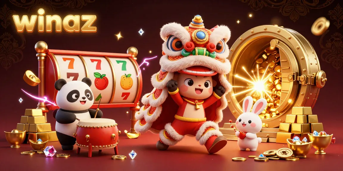Experience winning moments at winaz in a vibrant 3D casino scene featuring a lion dance costume and slot machines.