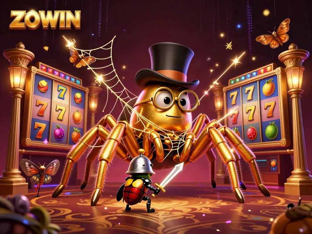 ZOWIN engages players with thrilling slots, featuring a golden tarantula and beetle knight in a vibrant casino scene.