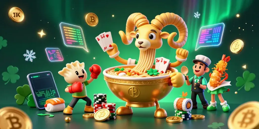 Xoilac TV showcases a vibrant 3D illustration of a giant ramen bowl dealer amidst an energetic casino scene filled with crypto elements.