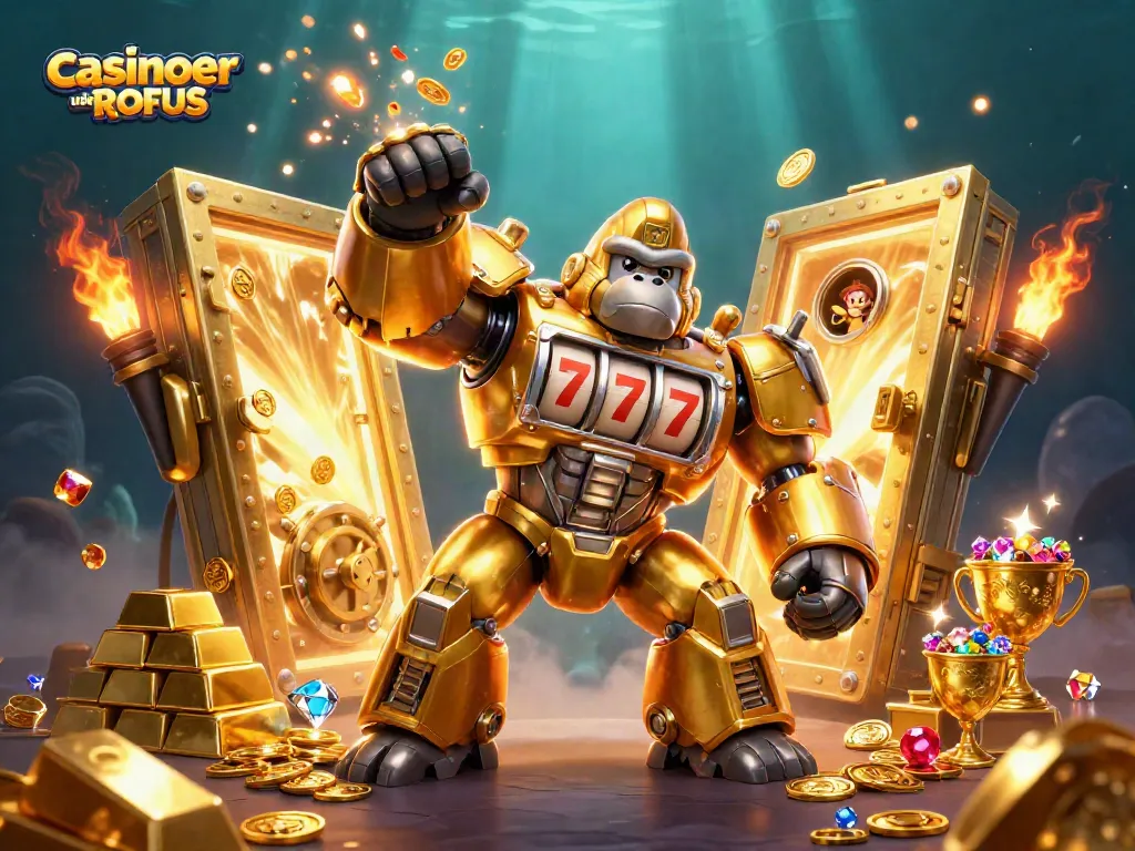 Experience thrilling gameplay at casinoer uden ROFUS with a dynamic gorilla mech themed illustration.