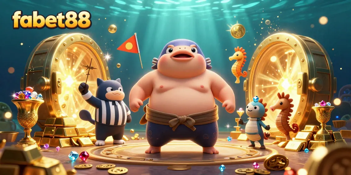 Engage with fabet88's thrilling underwater casino, showcasing a 3D fugu gambling amidst treasures and excited spectators.