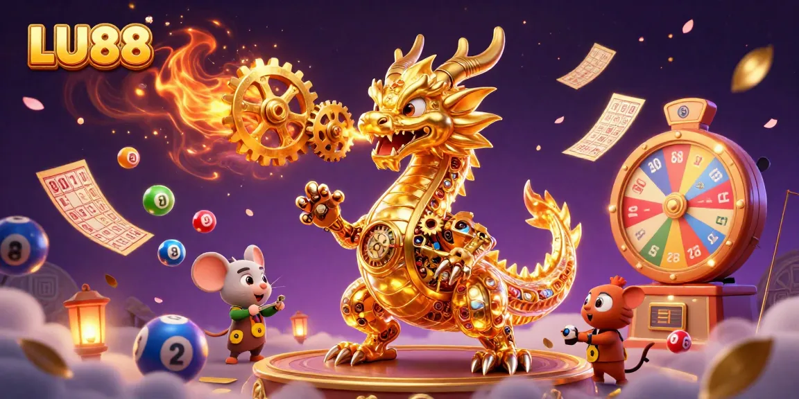 LU88 showcases a captivating scene with a golden dragon and a mouse engineer among vibrant gambling elements.