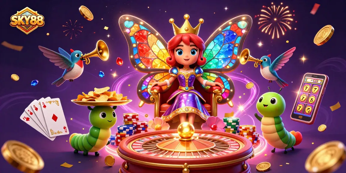 Engage with SKY88's thrilling casino adventure featuring a butterfly queen and vibrant game elements.