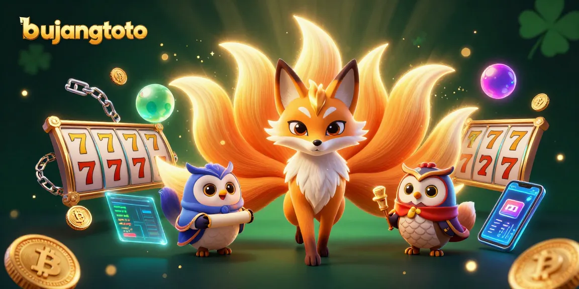 Engage with bujangtoto slots featuring a nine-tailed fox surrounded by vibrant crypto elements in an enchanting scene.