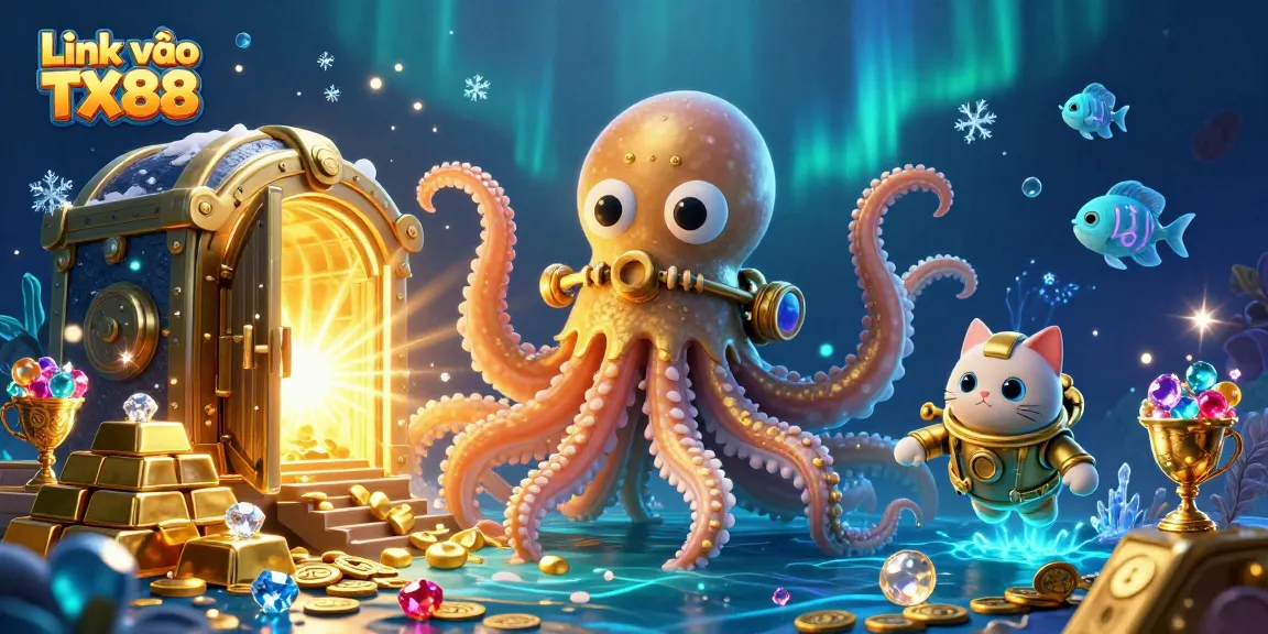 Experience the thrill of Link vào TX88 with a colossal kraken and diving cat amidst treasure.
