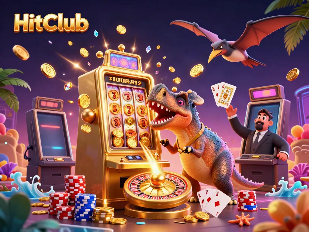 HitClub characters headbutt a slot machine, generating jackpots, with festive casino elements surrounding.