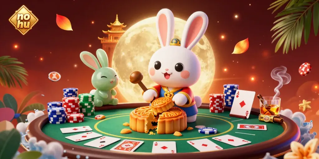 Engage with no hu in a vibrant 3D scene featuring a moon rabbit and poker elements.