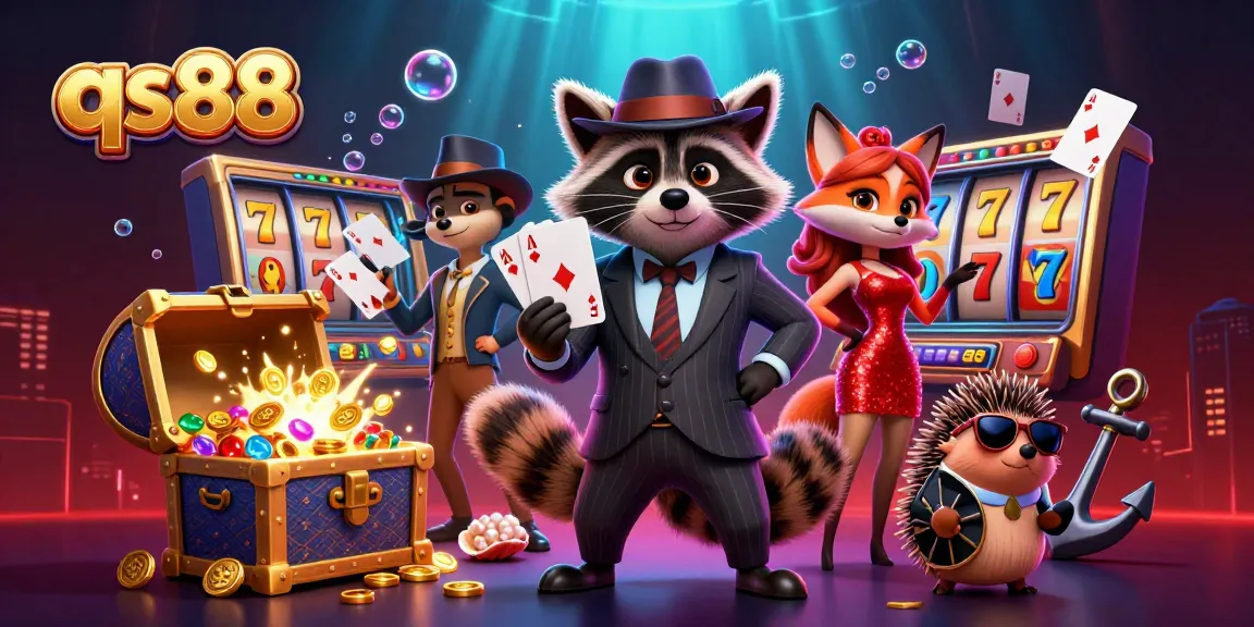 qs88 showcases a raccoon, fox, and hedgehog in a vibrant casino scene with slot reels and glowing treasures.