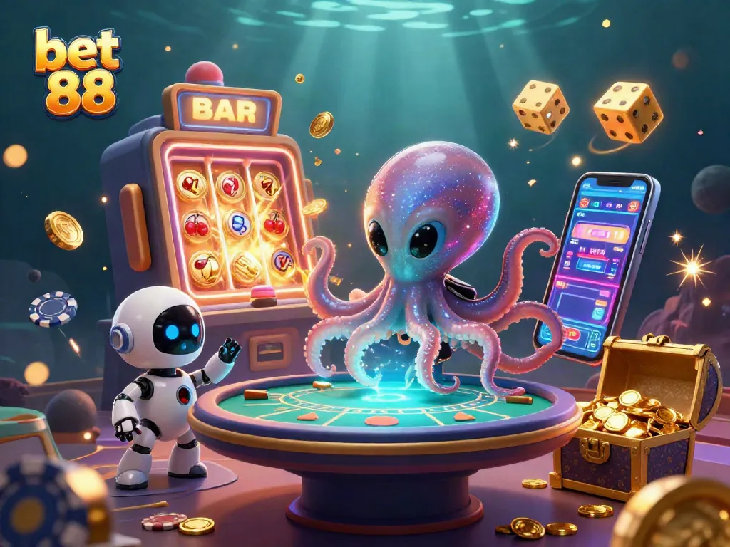 Engage with the thrilling world of bet 88 as an alien octopus operates a dazzling casino scene.