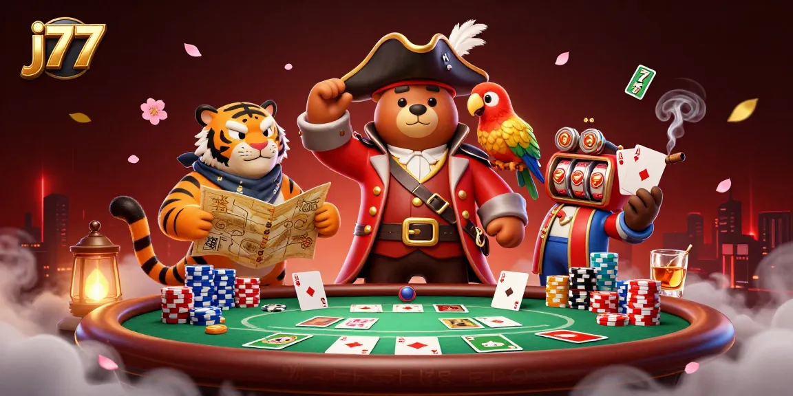 Join the thrilling world of j77 where a pirate bear, fierce tiger, and golden parrot enjoy a poker night!