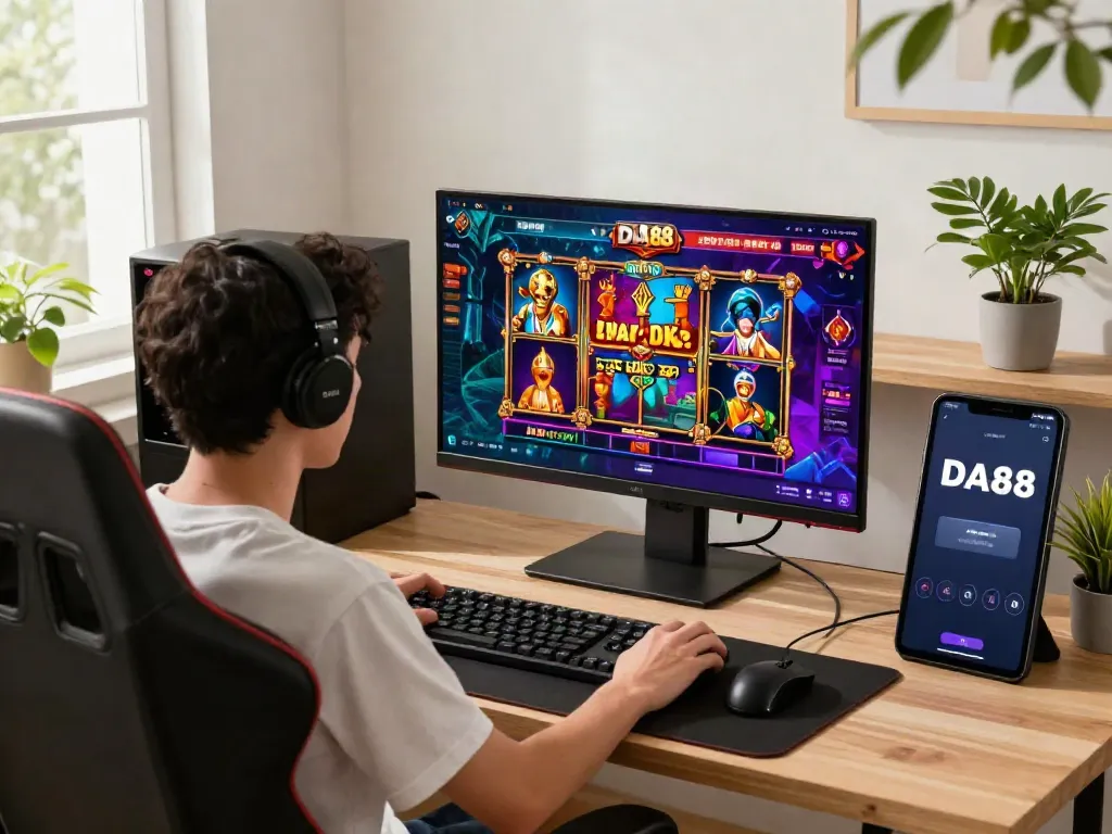 Engaged player enjoying DA88 slot games on a computer with vibrant graphics.