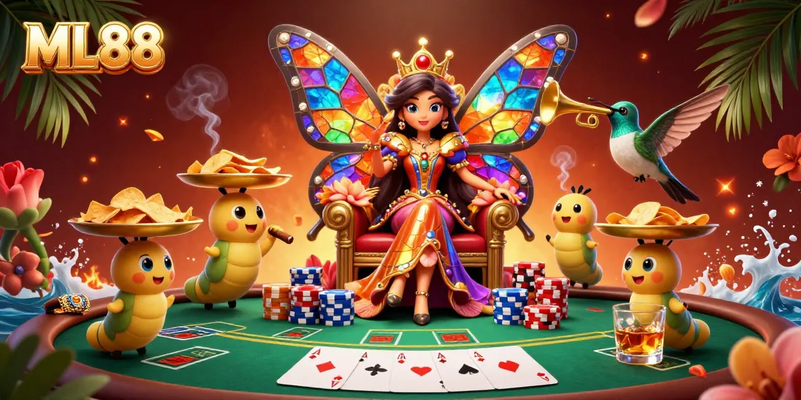 Play thrilling games at ML88 with an enchanting butterfly queen in a vibrant casino scene.
