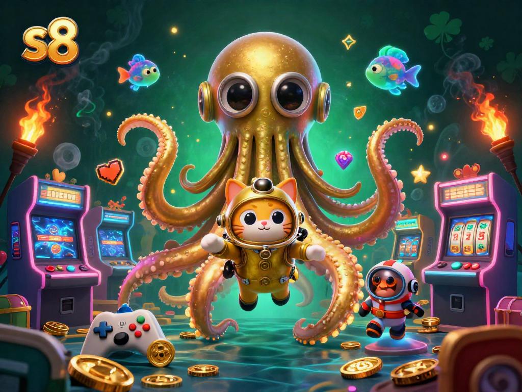 Engage with the vibrant s8 casino scene featuring a kraken, a diving cat, and arcade elements.