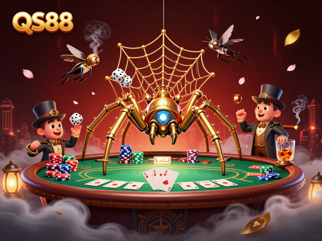 QS88 captures attention with a golden spider and poker chips in an enchanting casino scene.