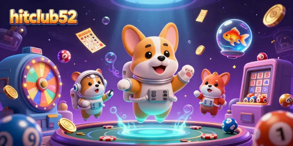 Experience the thrill at hitclub52 with an astronaut corgi floating in a vibrant space casino.
