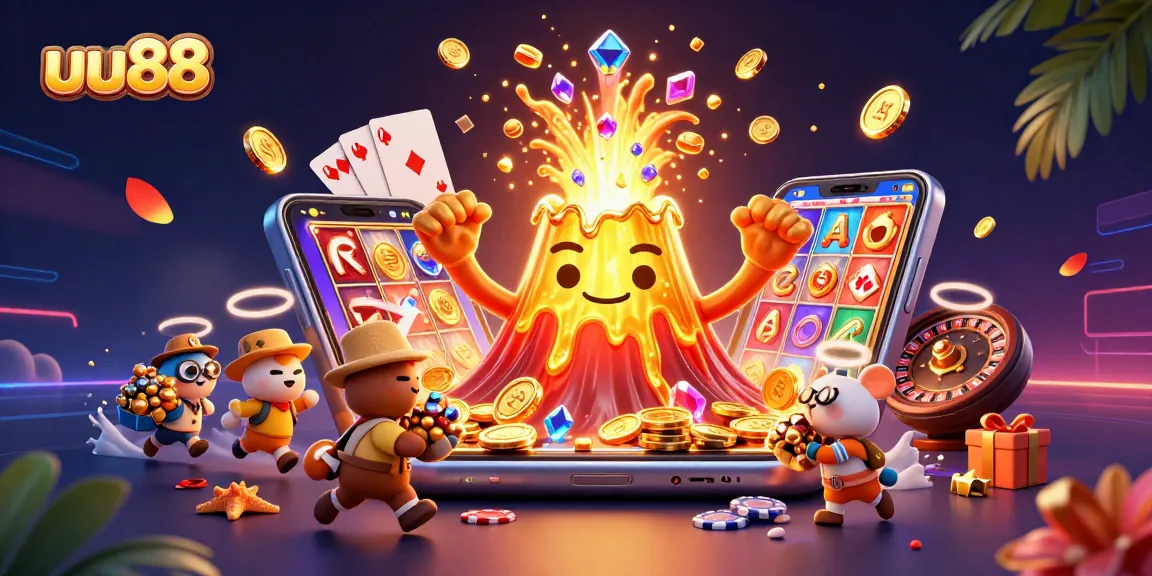 Spin to win at uu88 with exciting treasures erupting from the golden volcano, capturing the gambling spirit.