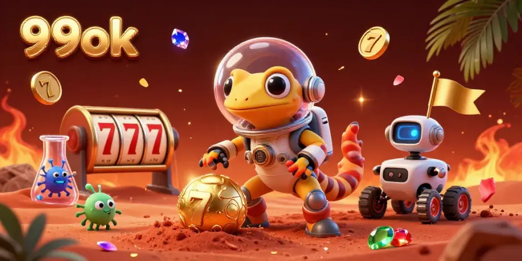 Engage with the 99ok casino scene featuring a Martian gecko amidst vibrant gambling elements and cosmic cheer.