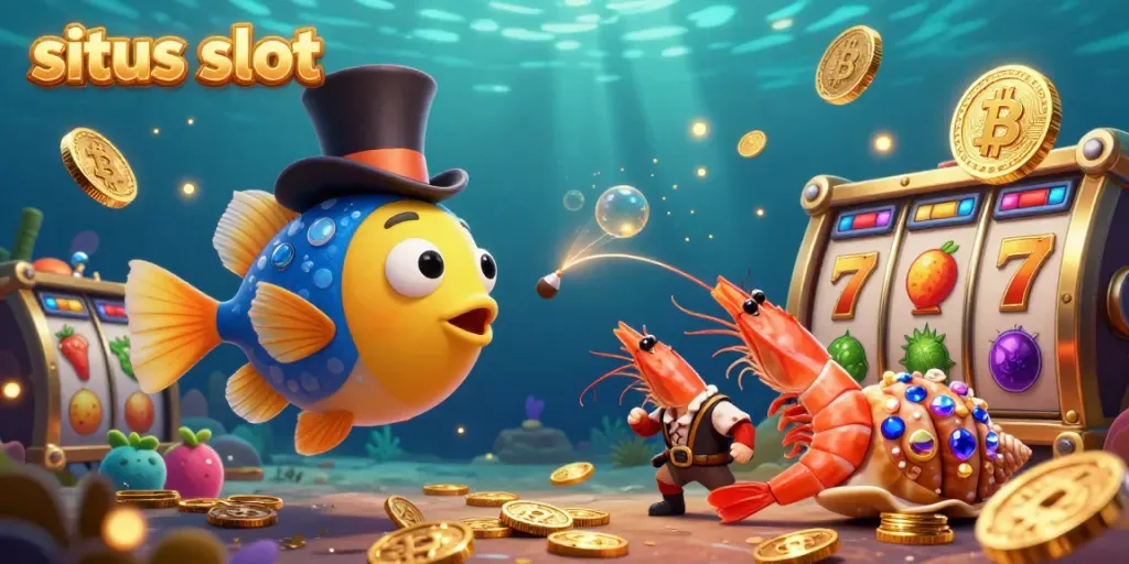 Play thrilling games at situs slot while colorful coins scatter around enchanting underwater characters.