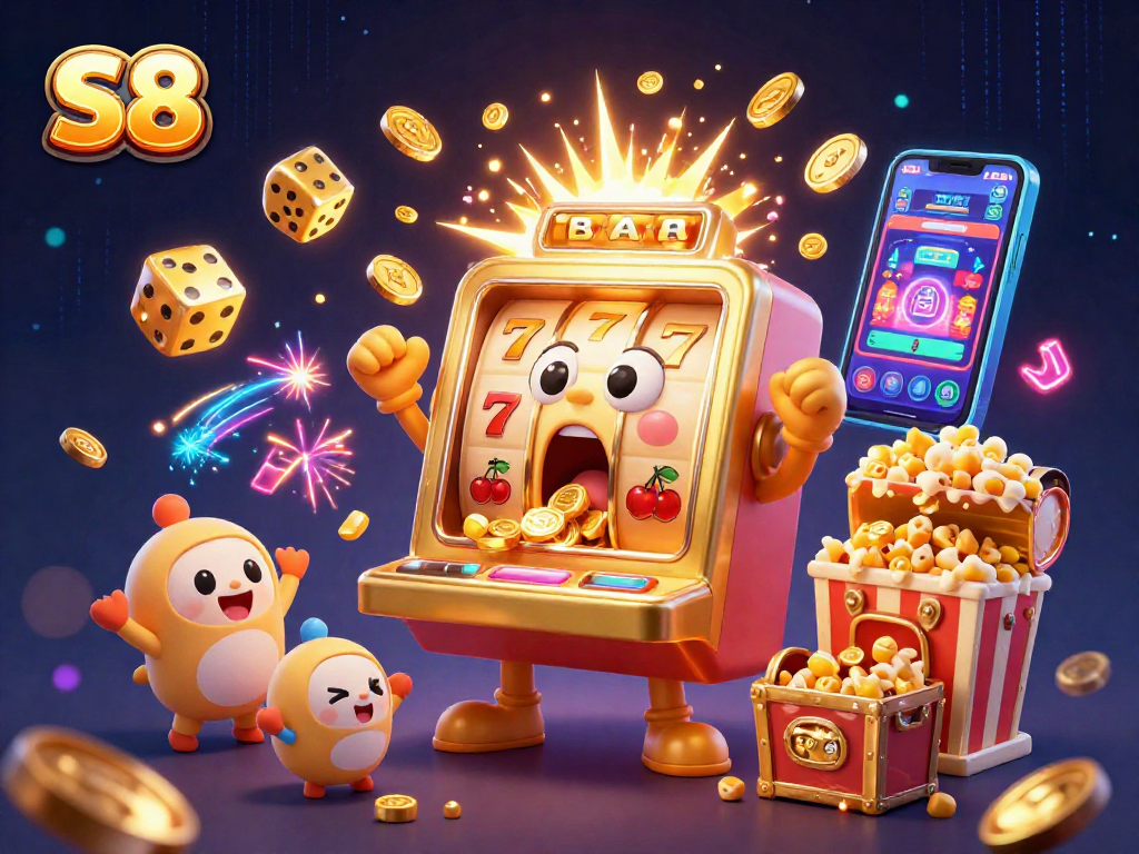 S8's golden slot machine celebrates a jackpot with coins bursting forth, showcasing exciting casino action.