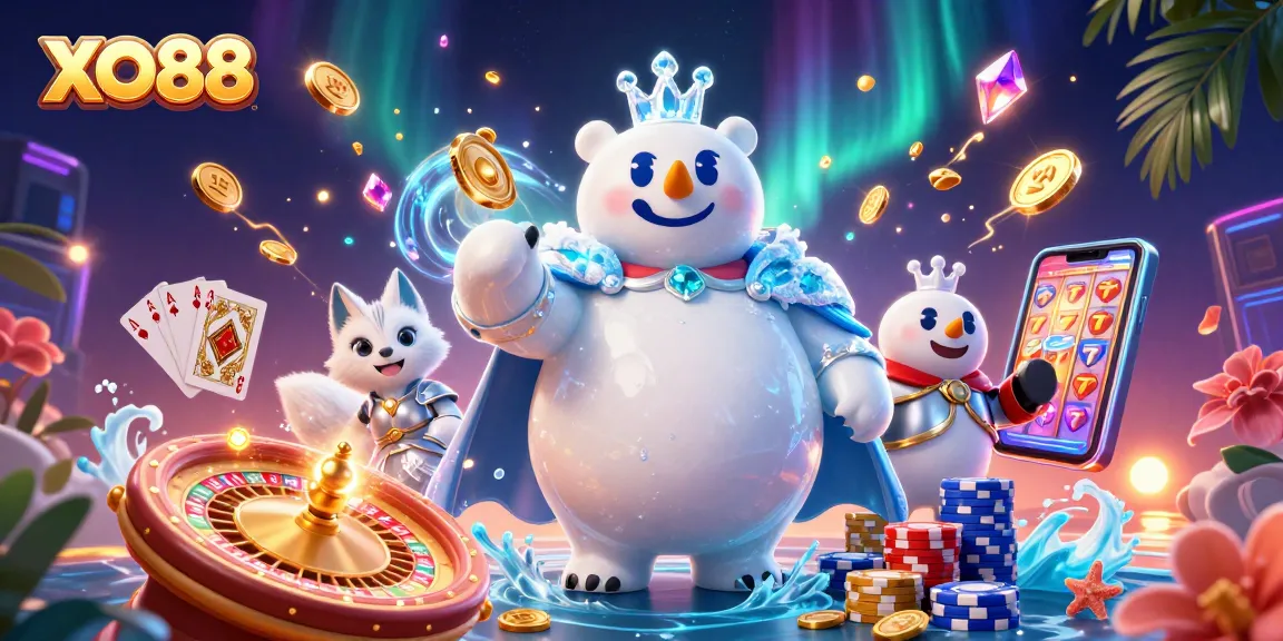 Experience the thrill at XO88 with a 3D illustration of engaging casino elements and characters.
