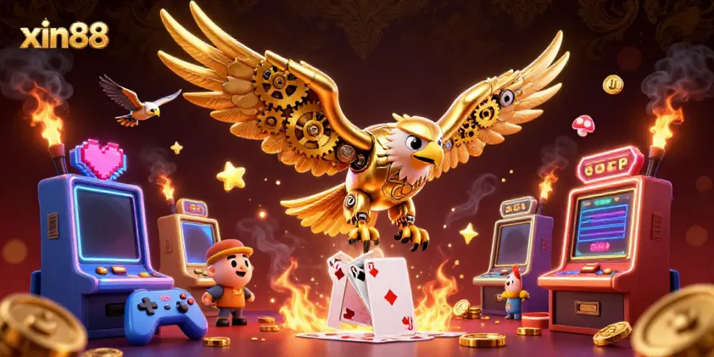 Experience the excitement of xin88 as a cybernetic eagle dives through holographic cards in a vivid casino setting.